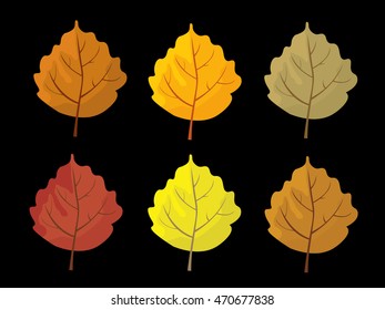 Set of colorful autumn leaves. Cartoon and flat style leafs. Black background. Vector illustration.