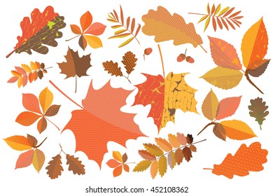 Set of colorful autumn leaves with geometric texture and craquelure
