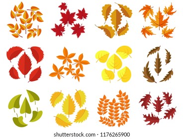 Set of colorful autumn leaves isolated on white background. Green, red and orange fallen autumn leaves collection in flat style. Vector illustration