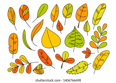 Set of colorful autumn leaves. Isolated on white background. Cute doodles cartoon vector illustration. summer, foliage, orange, yellow, green, october, september, outline, fall, hand drawn, 