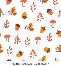 Set of colorful autumn leaves, mushrooms, acorns and berries. Isolated patterns on white background. Simple cartoon flat style. Vector illustration.