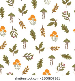 Set of colorful autumn leaves, mushrooms, acorns and berries. Isolated patterns on white background. Simple cartoon flat style. Vector illustration.