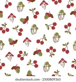 Set of colorful autumn leaves, mushrooms, acorns and berries. Isolated patterns on white background. Simple cartoon flat style. Vector illustration.