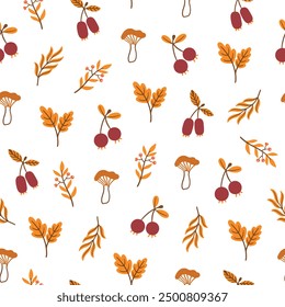 Set of colorful autumn leaves, mushrooms, acorns and berries. Isolated patterns on white background. Simple cartoon flat style. Vector illustration.