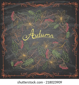 Set of colorful autumn leaves on blackboard. Vector illustration.