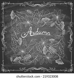 Set of colorful autumn leaves on blackboard. Vector illustration.