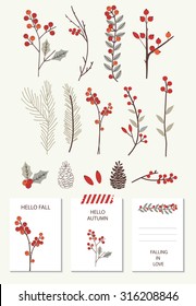 Set of colorful autumn leaves. Vector illustration. Vintage autumn collection with template cards.