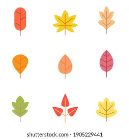 Set of colorful autumn leaves. Yellow autumnal garden leaf, red fall leaf and fallen dry leaves. Botanical forest plants or september october tree foliage. Flat isolated vector symbols set.