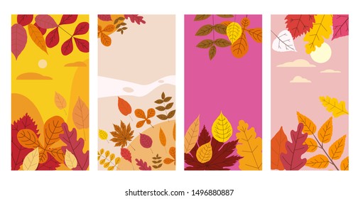 Set colorful autumn templates of autumn fallen leaves orange yellow foliage. Backgrounds social media stories banners. Template for event invitation, product catalog, advertising. Vector isoalted