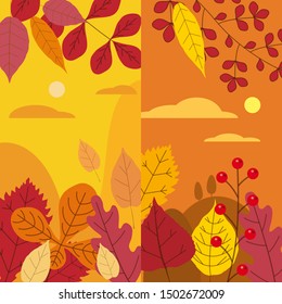 Set colorful autumn templates of autumn fallen leaves orange yellow foliage. Backgrounds social media stories banners. Template for event invitation, product catalog, advertising. Vector isoalted
