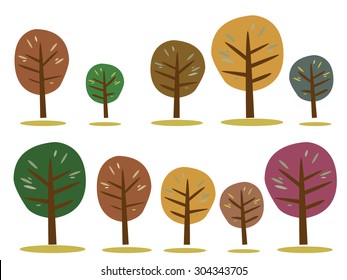 Set of colorful autumn tree collection. Illustration in cartoon style. Seasonal color trees. Vector illustration autumn trees isolated on white background