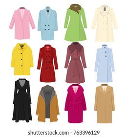 Set of colorful autumn winter models female coat. Stylish clothing outfit. Fashion look. Sketch. Vector illustration.