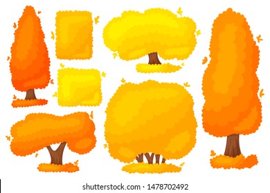 Set of colorful autumn yellow-orange tree bush. Beautiful design elements of a garden, park, nature, forest, landscape. Cartoon flat silhouette. Vector illustration isolated on a white background.