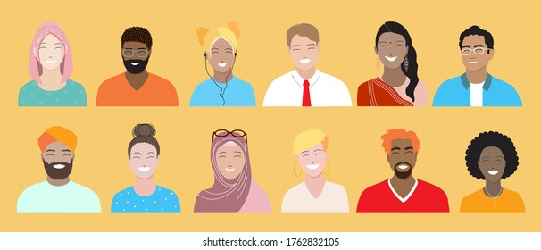 Set of colorful avatars, diverse smiling people. Minimal cartoon young female, male portraits. Multicultural diversity students, international team, arabic, asian, african, indian friends. Flat vector
