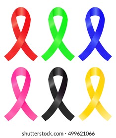 Set of colorful awareness ribbon (red, green, blue, pink, black, gold)