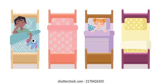 Set of colorful baby beds in cartoon style. Vector illustration of beds with a boy and a girl who sleep with toys on white background.