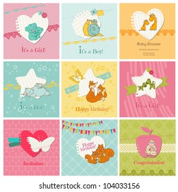 Set of Colorful Baby Cards  - for arrival, birthday, congratulation, invitation  in vector