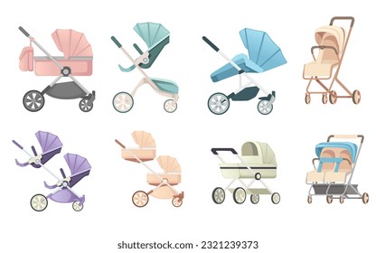 Set of colorful baby carriage on wheels vector illustration isolated on white background