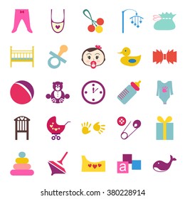Set of colorful baby item icons. Twenty five cute things for little toddler. Flat design vector illustration. All elements can be easily editable. Children accessory. Baby shower day