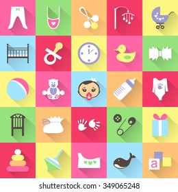 Set of colorful baby items with shadows. Twenty five cute things for little toddler. Flat design vector illustration. All elements can be easily editable. Children accessory. Baby shower day