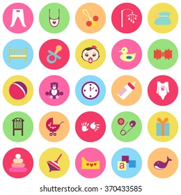 Set of colorful baby items with shadows. Twenty five cute things for little toddler. Flat design vector illustration. All elements can be easily editable. Children accessory. Baby shower day
