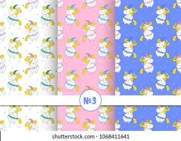 Set of colorful baby pattern with unicorns. Vector background