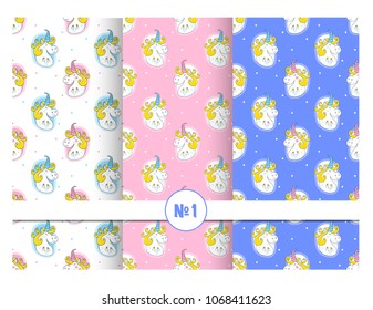 Set of colorful baby seamless pattern with unicorns. Vector background