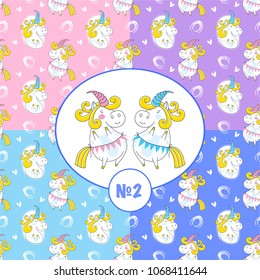 Set of colorful baby seamless pattern with unicorns. Vector background