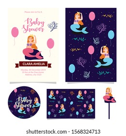 Set of Colorful baby shower invitation card with beauty mermaid cartoon illustration vector
