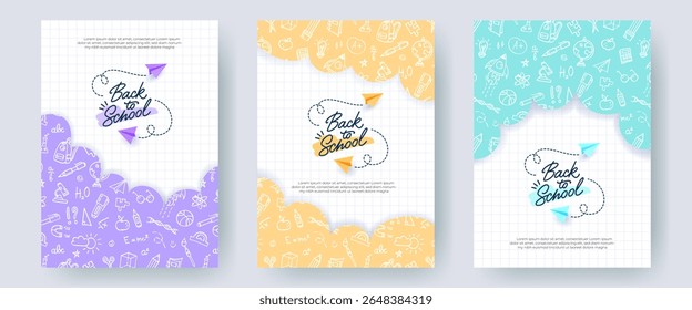 Set of colorful Back to School banners, checkered notebook backgrounds. Doodle pattern with school supplies, hand drawn logo and realistic paper planes. Creative templates for print, social media.
