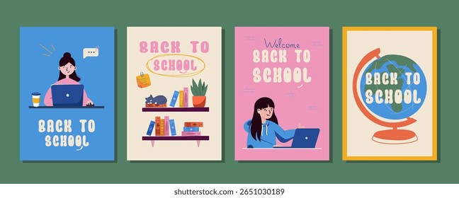 Conjunto de coloridos de volta para a escola banners com meninas, livros, globos e elementos de quadro-negro em estilo plano moderno. Perfeito para promoções estudantis e campanhas educacionais.