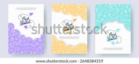 Set of colorful Back to School banners, checkered notebook backgrounds. Doodle pattern with school supplies, hand drawn logo and realistic paper planes. Creative templates for print, social media.