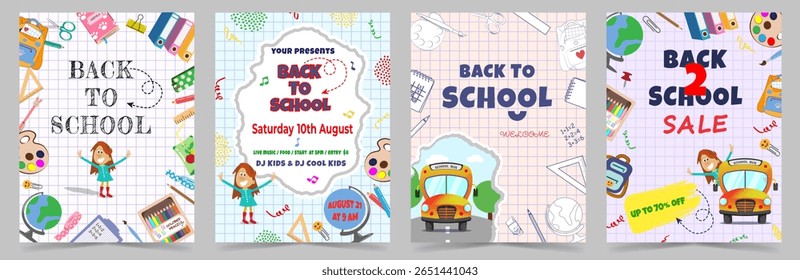 Set of colorful BACK TO SCHOOL Flyers with cartoon school bus, kids, supplies, discount banners and event dates. Ideal for school promotions, invitations, or classroom decorations. Vector illustration