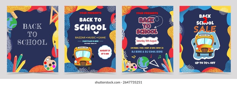 Set of Colorful BACK TO SCHOOL promotional posters with school bus, supplies and Sale banners. Ideal for school event announcements, education marketing and seasonal offers. Vector illustration.