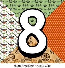 Set of colorful background swatches with number eight. Abstract textures with circles, polka dot design. Background with a variety of colors and patterns. Square shaped suitable for social sharing.
