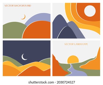 Set of colorful backgrounds with abstract landscapes. Vector set of backgrounds with copy space for text.  Layouts for social networks, banners, posters. Design of wall art, covers