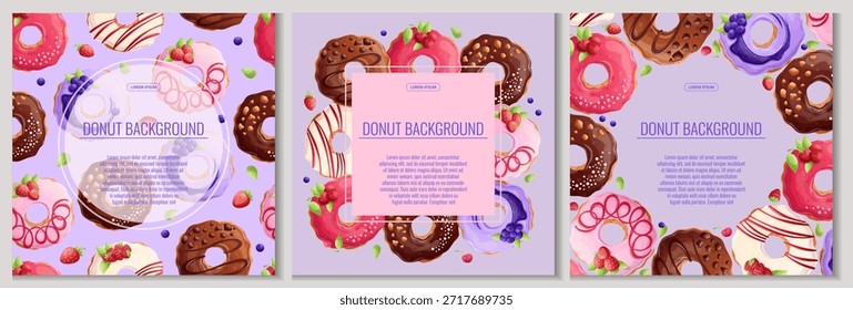 Un conjunto de coloridos fondos con deliciosas donas. El concepto de confitería, horneado, cocina. Ilustración vectorial para el diseño de carteles, folletos, postales e invitaciones