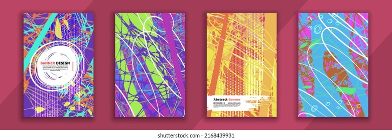 A set of colorful backgrounds for printed products in vector. Templates for a Catalog, Brochure, Poster, or Flyer. Trendy backgrounds with colored spots, wavy lines and pattern. Purple and red covers
