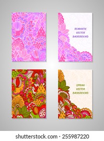 Set of colorful backgrounds in spring and romantic style. Floral elements. Templates for flyers and cards.