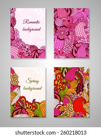 Set of colorful backgrounds in spring and romantic style. Floral elements. Templates for flyers and cards. 