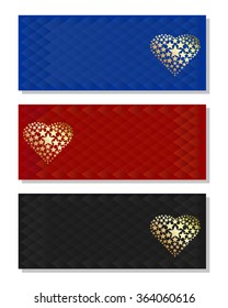Set of colorful backgrounds for Valentine's Day. Golden heart made up of stars on an abstract background. Vector abstract backgrounds.