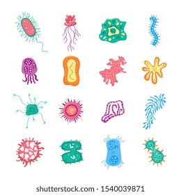 Set of colorful bacteria and virus icons vector illustrations isolated on white background. Germs and Microbes fantasy collection for educational banners and posters.