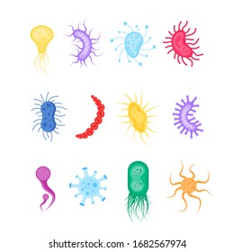 Set of colorful bacterium and germs . Icon of micro-organisms. Illustration of bacteria and microbe organism allergen on white background. Vector