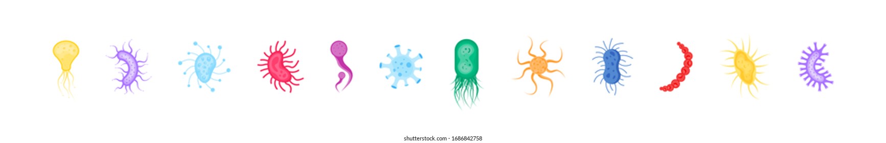 Conjunto de bacterias y gérmenes coloridos . Icono de los microorganismos. Ilustración de bacterias y microorganismos alérgicos sobre fondo blanco. Vector
