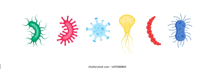 Set of colorful bacterium and germs . Icon of micro-organisms. Illustration of bacteria and microbe organism allergen on white background. Vector