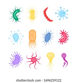 Set Of Colorful Bacterium And Germs . Icon Of Micro-organisms. Illustration Of Bacteria And Microbe Organism Allergen On White Background. Vector