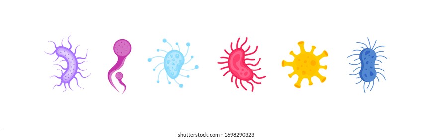 Set of colorful bacterium and germs . Icon of micro-organisms. Illustration of bacteria and microbe organism allergen on white background. Vector