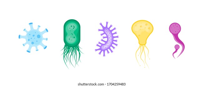 Set of colorful bacterium and germs . Icon of micro-organisms. Illustration of bacteria and microbe organism allergen on white background. Vector