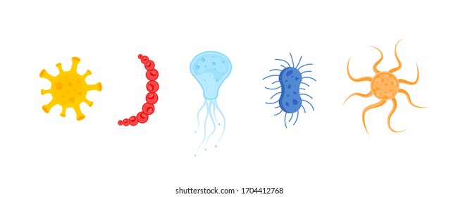 Set of colorful bacterium and germs . Icon of micro-organisms. Illustration of bacteria and microbe organism allergen on white background. Vector