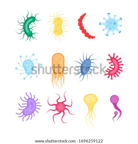 Set of colorful bacterium and germs . Icon of micro-organisms. Illustration of bacteria and microbe organism allergen on white background. Vector